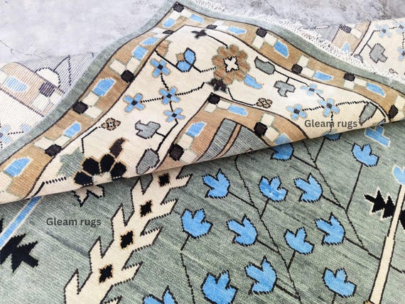 Tree of Life Hand Knotted Wool Rug | Sage Green Area Rug | Muted Traditional Garden Motif Carpet | Custom Size Dining Rug