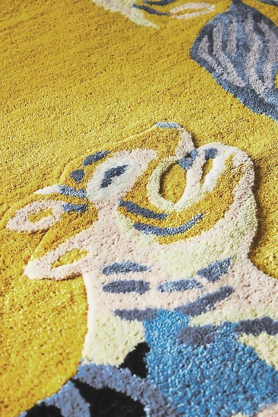 Tiger Hand Tufted Wool Rug | Yellow Tibetan Style Area Rug | Eclectic Maximalist Animal Print Carpet | Whimsical Luxury Kids Room Rug