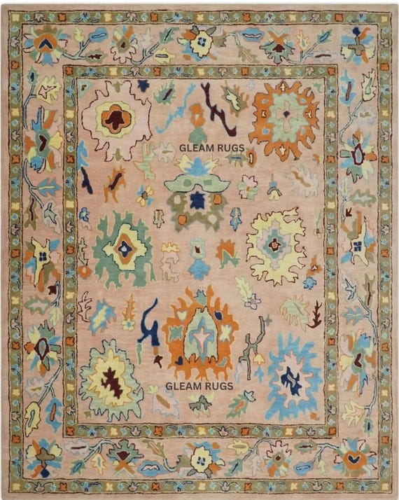 Muted Pastel Motif Wool Area Rug, Traditional Taupe Tufted Carpet for Luxury Nursery, Funky Statement Bedroom Rug, Boho Living Room,