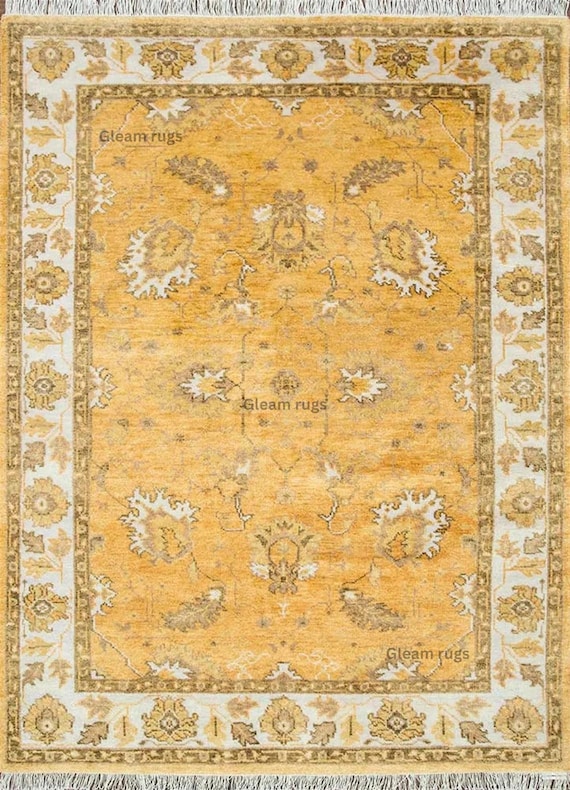 Premium Hand-Knotted Turkish Style Oushak Rug | Soft New Zealand Wool | Gold & Ivory Vintage Style Floral Carpet | 6x9 8x10 9x12 10x14 12x15