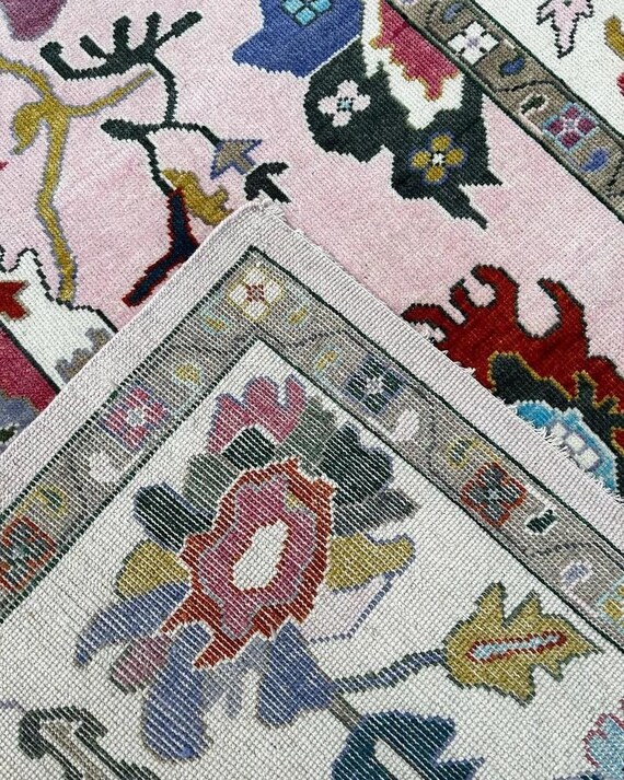 Luminous Soft Pink Ivory Oushak Rug | Decorative Cream Border Carpet | Bold Colors Symmetrical Floral & Geometric Style | New Zealand Wool
