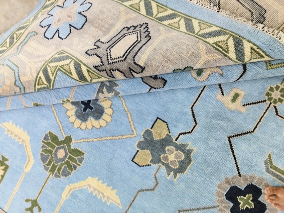 Hand Knotted Oushak Wool Rug, Sky Blue Area Rug, Vintage Inspired Rug, Handmade Wool Carpet, Living Room Rug, Large Rug Decor