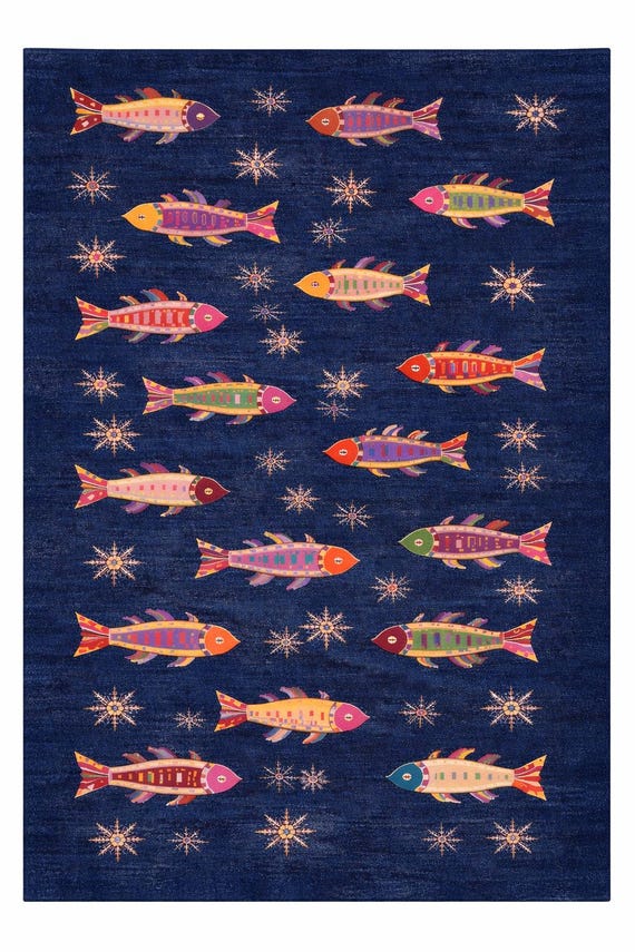 Whimsical Fish Hand Knotted Wool Rug | Navy Blue Coastal Area Rug | Colorful Modern Nautical Nursery Carpet | Custom Size Kids Room Rug