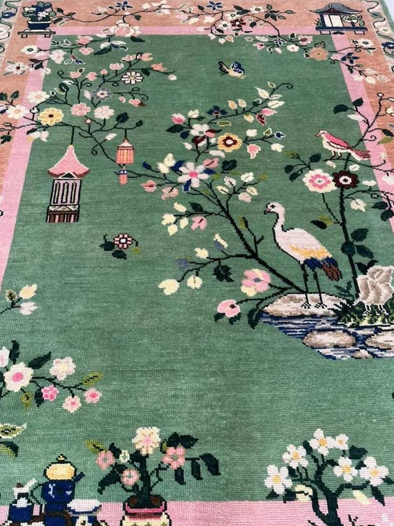 Vibrant Garden Hand Knotted Rug | Scenic Floral Branches & Birds Carpet | Decorative Botanical Landscape Pattern | 7x9 8x10 9x12 10x14 12x16