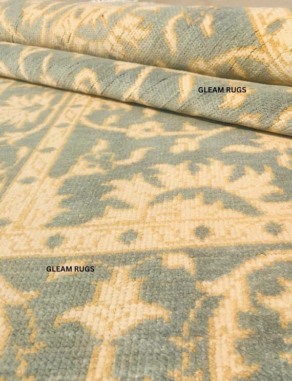 Contemporary Golden Oushak Rug | Blue Gray Field Carpet, Beige Floral Vine Motifs | Boho Style | Living Room, Kitchen, Drawing Room, Hallway