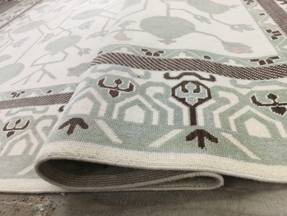 Sage Green Oushak Rug | Hand Knotted Ivory Floral Lattice Carpet | Botanical Garden Leaf Pattern | Geometric Border Handmade Neutral Decor