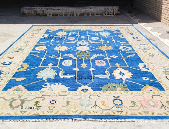 Blue Oushak Rug with Cream Border | Hand-Knotted Wool & Cotton Pastel Floral Geometric Motifs | Available in 8x10, 9x12, 10x13, 11x14, 12x15