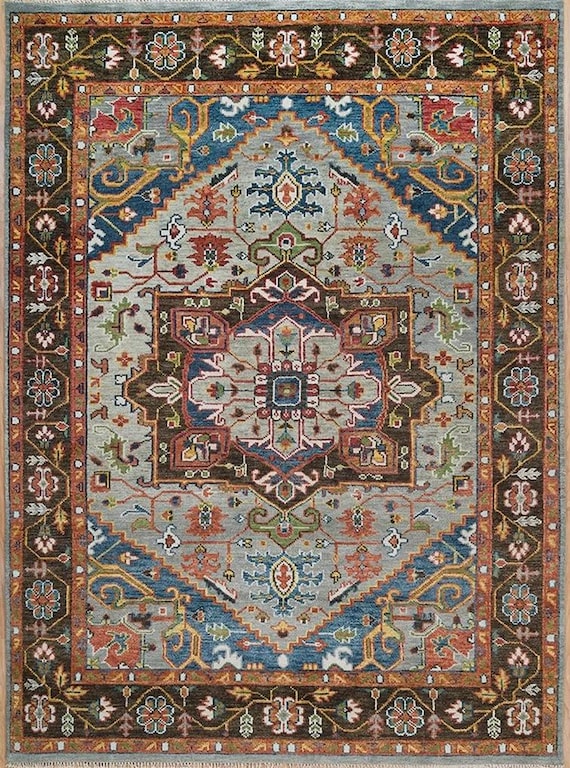 Hand-Knotted Wool Oushak Rug: Grey Floral Medallion Design
