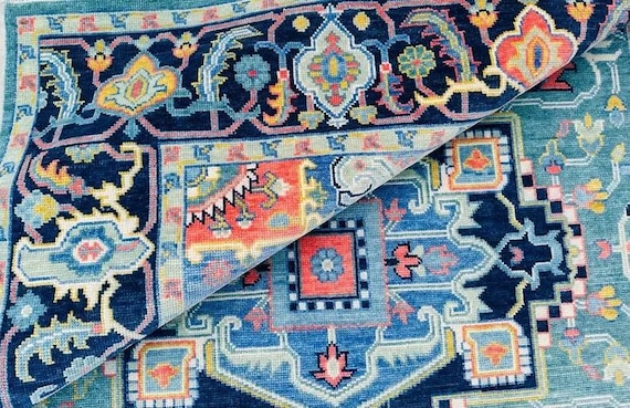 Turquoise Hand Knotted Wool Rug | Turkish Style Geometric Area Rug | Navy Blue Heriz Medallion Carpet | Maximalist Decor | Coral Accent Rug