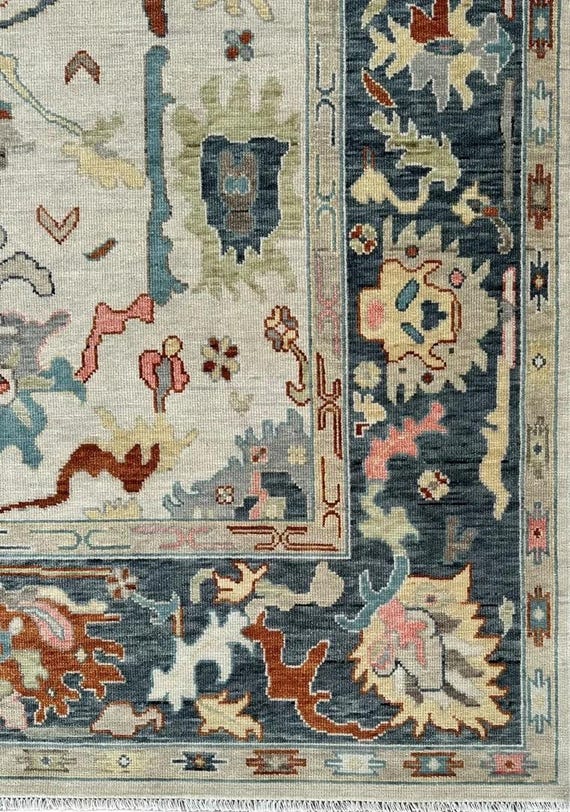 Refined Oushak Rug | Beige and Blue Field Carpet | Pink & Gold Floral Geometric Motif | Classic Boho Style | 8x10, 9x12, 10x13, 11x14, 12x15