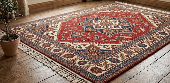 Traditional Red Hand Knotted Wool Rug, Kazak Style Oriental Rug, Geometric Vintage Inspire Tribal Area Carpet, Custom Size Living Room Rug
