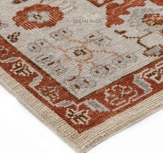 Vintage Inspired Beige Oushak Rug | Rust & Brown Accents | Traditional Floral Geometric Border | Classic Contemporary Decorative Area Rug