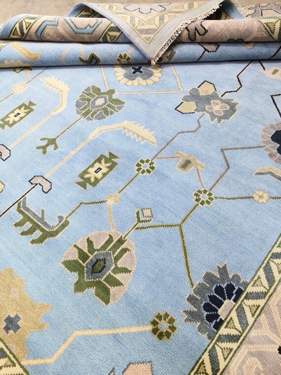 10x12 Ready to Ship Hand Knotted Oushak Wool Rug, Sky Blue Area Rug, Vintage Inspired Rug, Handmade Wool Carpet, Living Room Rug, Large Rug