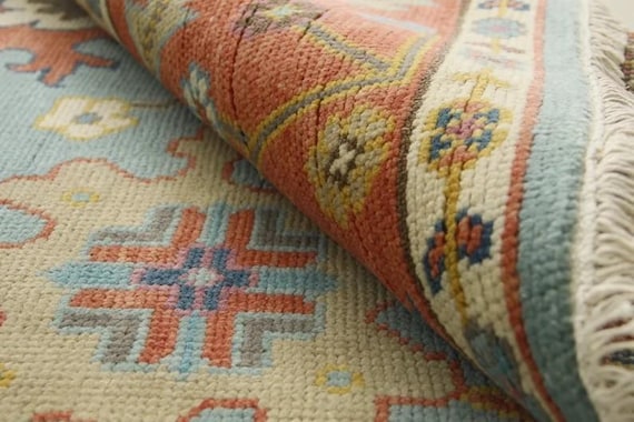 Hand Knotted Wool Area Rug, Blue Rust Oushak Rug, Handmade Turkish Style Floral Carpet, Vintage Wool Living Room Rug Decor.