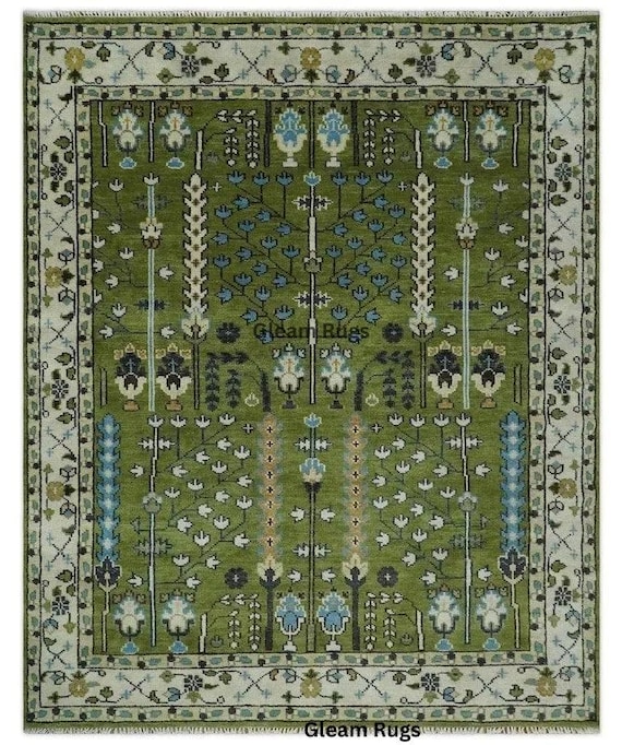 Green Luxurious Oushak Turkish Style Hand Knotted Rug 4x6 5x8 6x9 8x10 9x12 10x14 ft Handmade Rugs for Living Room Botanical Tree of Life
