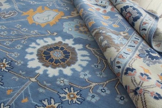 Light Blue Oushak Rug Cream Border | New Zealand Wool, Traditional Floral & Geometric Motifs | Vintage Inspired Area Rug in Custom Sizes