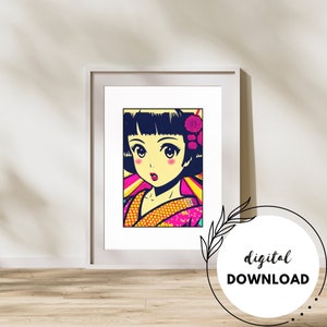 Pop Art Geisha in Japan Manga Style, Vibrant Colors, Modern Fusion, Instant Download, A4 and A3