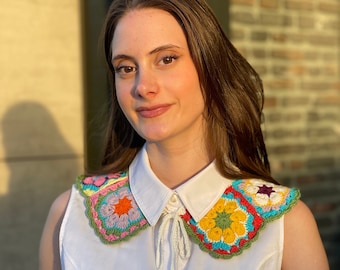 Vintage Boho Colorful Crochet Collar, Handknit Neckpiece, Retro Granny Square Woman Accessories, Motif Collar