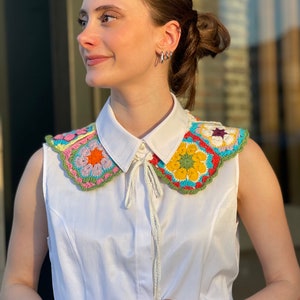 Vintage Boho Colorful Crochet Collar, Handknit Neckpiece, Retro Granny Square Woman Accessories, Motif Collar image 3