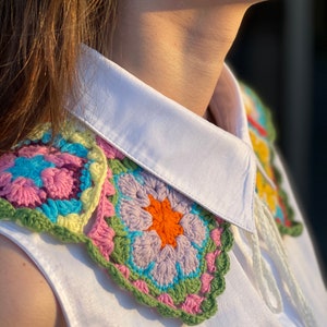 Vintage Boho Colorful Crochet Collar, Handknit Neckpiece, Retro Granny Square Woman Accessories, Motif Collar image 5