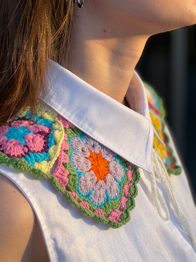 Vintage Boho Colorful Crochet Collar, Handknit Neckpiece, Retro Granny Square Woman Accessories, Motif Collar image 5
