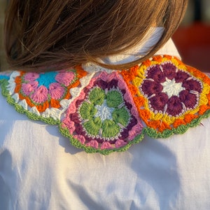 Vintage Boho Colorful Crochet Collar, Handknit Neckpiece, Retro Granny Square Woman Accessories, Motif Collar image 7