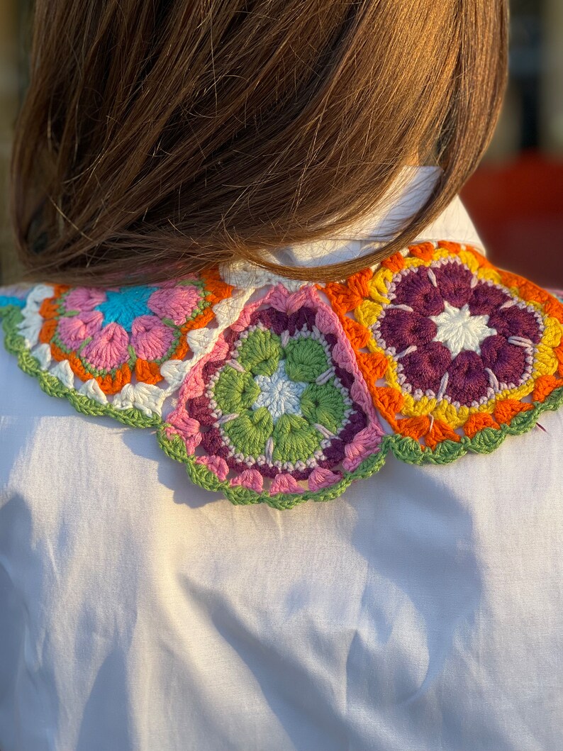 Vintage Boho Colorful Crochet Collar, Handknit Neckpiece, Retro Granny Square Woman Accessories, Motif Collar image 7