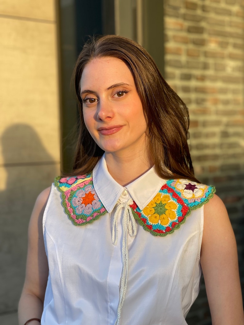 Vintage Boho Colorful Crochet Collar, Handknit Neckpiece, Retro Granny Square Woman Accessories, Motif Collar image 1