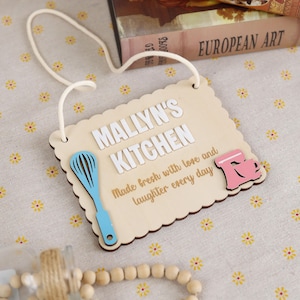 Personalized Play Kitchen Sign, Kid Name Playroom Hanger, Nursery Door Sign, Toy Kitchen Decor, Gift for Little Girl, Girls Playroom Sign
