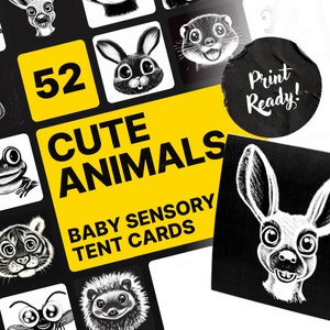 Baby Sensory Tent Cards • High Contrast • Black & White • Adorable Animal Faces • Tummy Playtime • Cute Shapes • Digital Download Print
