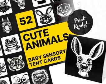 Baby Sensory Tent Cards • High Contrast • Black & White • Adorable Animal Faces • Tummy Playtime • Cute Shapes • Digital Download Print