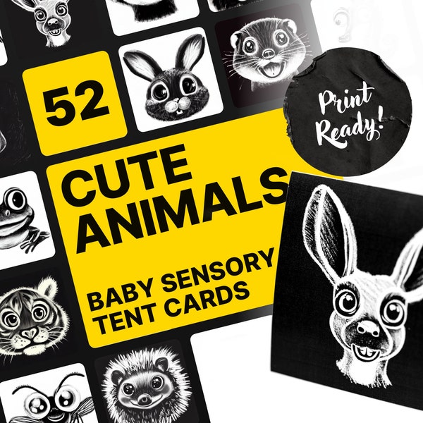 Baby Sensorische Zeltkarten • Hoher Kontrast • Schwarz & Weiß • Entzückende Tiergesichter • Bauch Spielzeit • Niedliche Formen • Digitaler Download Druck