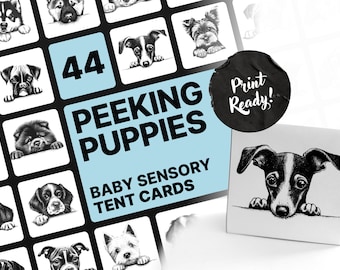 Baby Sensory Tent Cards, High Contrast Baby Cards in Black and White, Peeking Puppies, Animal prints, Baby Montessori, Newborn gift