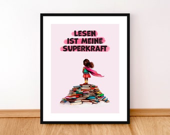 Reading Poster in German, Lesen ist Meine Superkraft, German Classroom Decor, German Kids Room Decor, Book Lover Gift, Printable Art