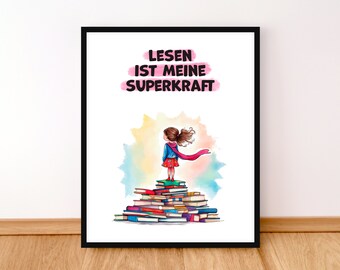 Reading Poster in German, Lesen ist Meine Superkraft, German Classroom Decor, German Kids Room Decor, Book Lover Gift, Printable Art