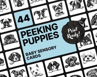 High Contrast Baby Sensory Cards, Peeking Puppies in Black and White, Montessori Baby, Sensory Toy, Newborn Gift, Baby Shower Gift,Printable