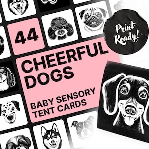 Baby Sensory Tent Cards, High Contrast Baby Cards in Black and White, Dog Faces, Animal prints, Baby Montessori, Newborn gift, Printable