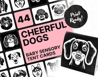 Baby Sensory Tent Cards, High Contrast Baby Cards in Black and White, Dog Faces, Animal prints, Baby Montessori, Newborn gift, Printable