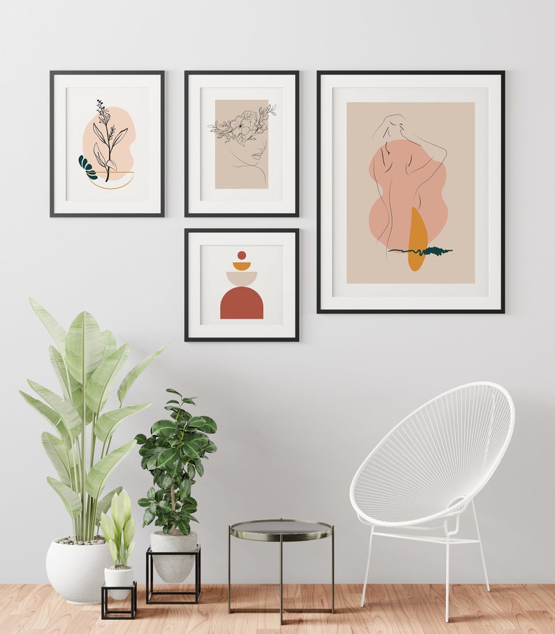 Set of 4 Line Art Drawing Mid Century Modern Gallery Wall Etsy