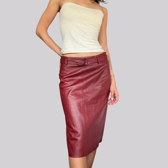 Red Leather Midi Skirt Xs Leather Skirt Sexy Vegan Leather Skirt - Main Image