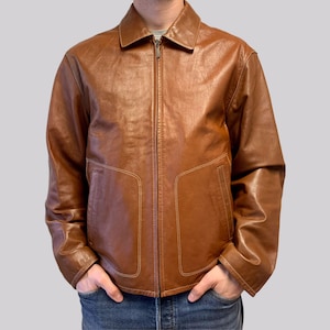 Veste en cuir vintage Y2K agneau nappa cognac | Années 2000 | Taille L | Brun cognac | cuir véritable | Coupe droite | coutures contrastées | hommes