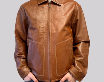 Vintage Y2K Lederjacke Lammnappa Cognac | 2000er | Größe L | Cognac braun | Echtleder | Straight Fit | Kontrastnaht | Herren