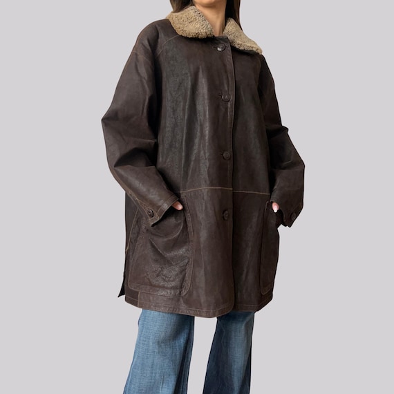 Vintage 90s Lederjacke mit Fellkragen / Braun / L / Oversize / Wildleder