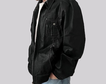 Vintage Leather Jacket Straight Fit / XXL / Black / Genuine Leather / 2000s / Y2K