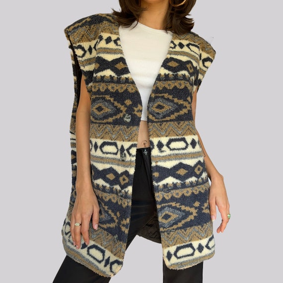 Vintage Teddy Fur Vest Gilet / Norwegian Pattern / L / XL