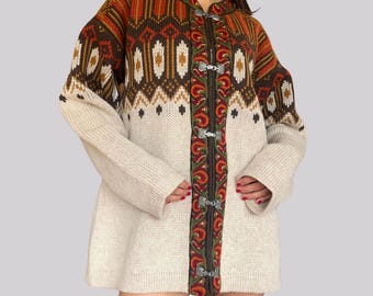 Vintage Nordic knitted vest Nesjar wool / cardigan / L / pure wool / beige orange green yellow