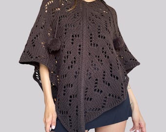 Poncho de punto estilo Y2K vintage / Marrón / Acrílico / XS / S / Con capucha / Envoltura