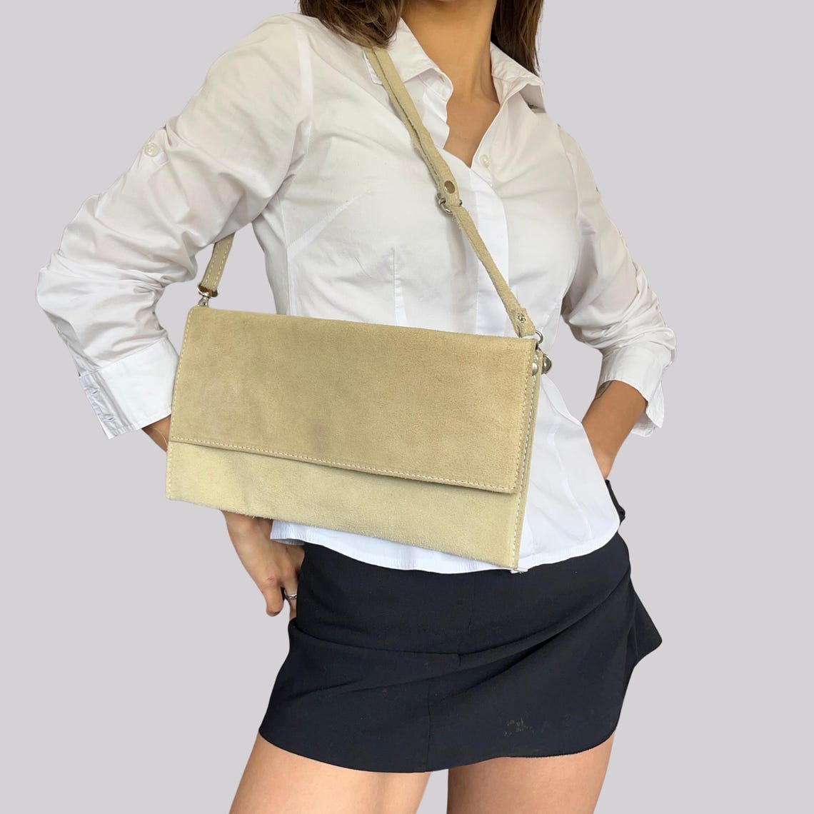 Vintage Handtasche Wildleder / Y2K / Beige / Echtleder / Made in Italy / Minimalistisch, foto 1 di 5