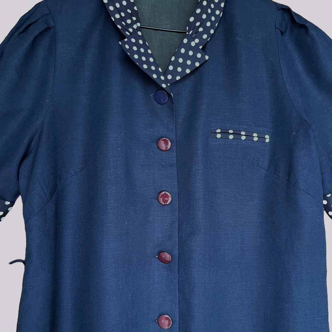 Vintage Kleid Leinengemisch Gepunktet / Marineblau Weiß / Leinen / Viskose / Größe 46 / XL, foto 2 di 3