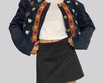 Vintage 80s Suede Jacket / Navy Blue / L / Size 42 / Real Leather / Shoulder Pads / Leather Jacket / Blazer / Retro